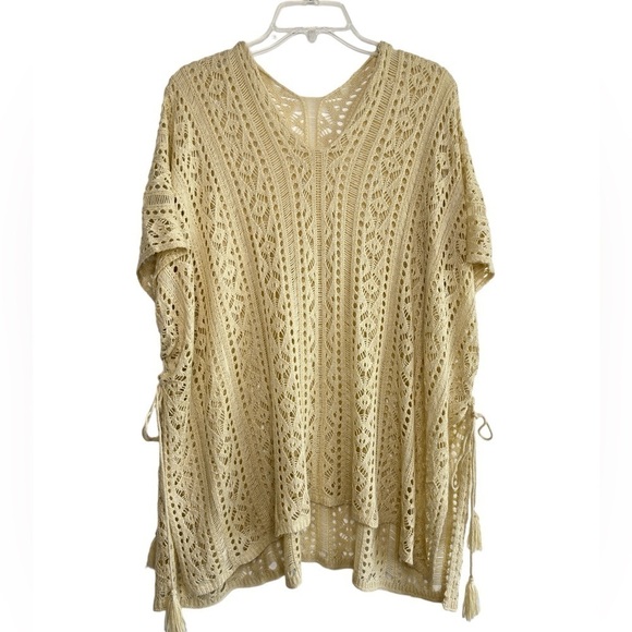Crochet Knit Tunic Cover-up Kimono Womens Medium Beige Tassles Cottagecore EUC - Picture 1 of 10